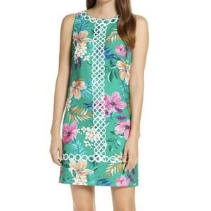 NWT Eliza J Shift Dress Women's Size 10 Green & Pink Floral Lace Trim